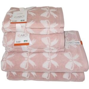 Caro Home 6pc Pink With White Coquette‎ Bows Cotton Towel Set 2 Bath 2 Hand 2Tip